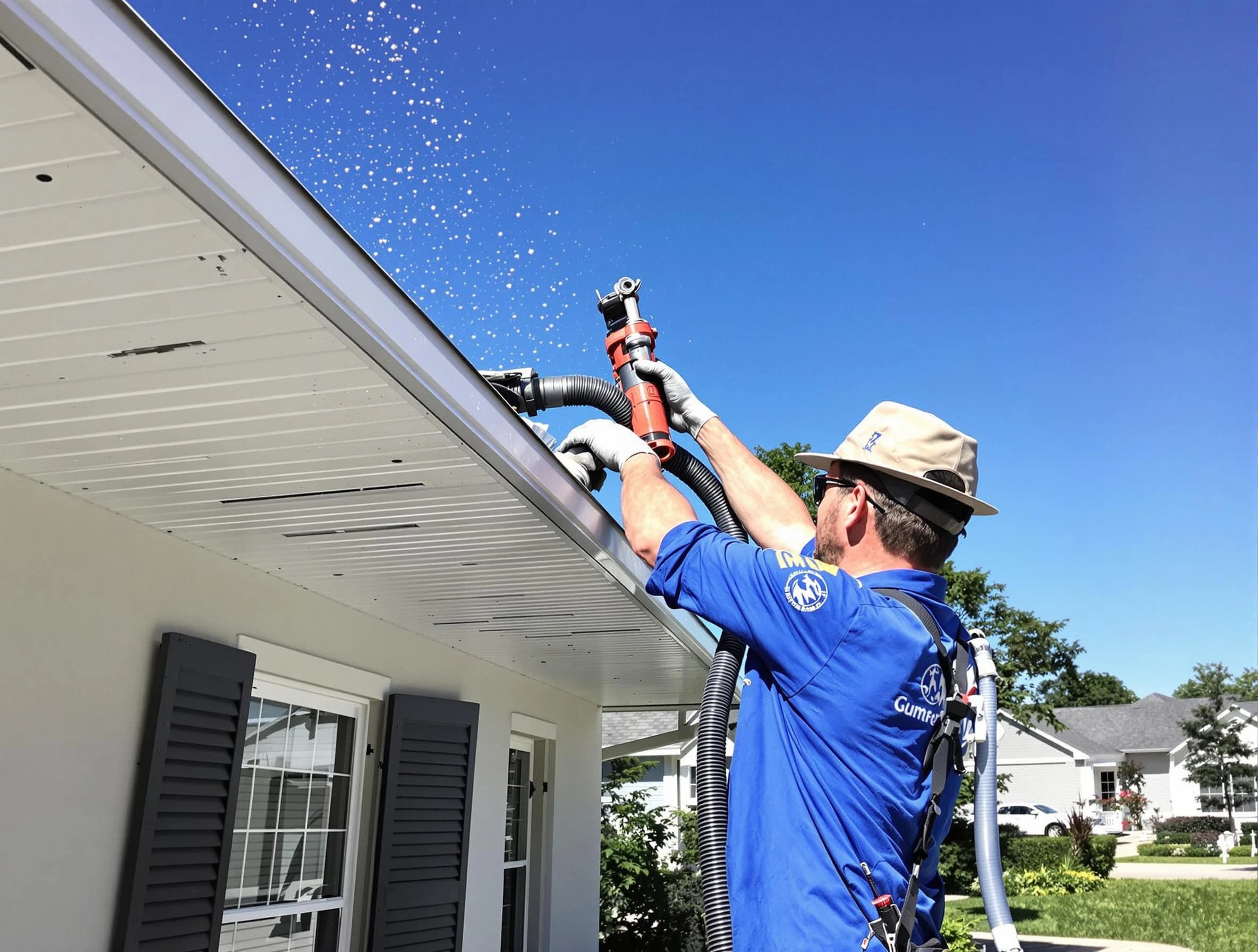 Technician completing a gutter cleaning project by Bedford Roofing Company in Bedford, OH