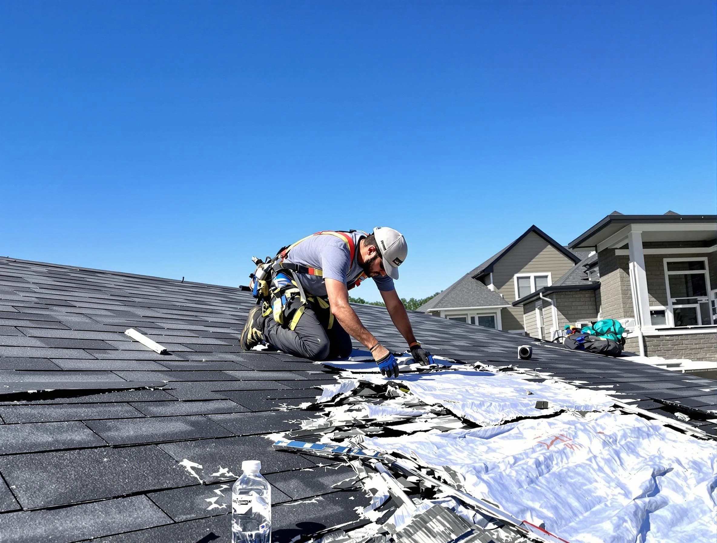 Bedford Roofing Company repairing a roof section in Bedford, OH